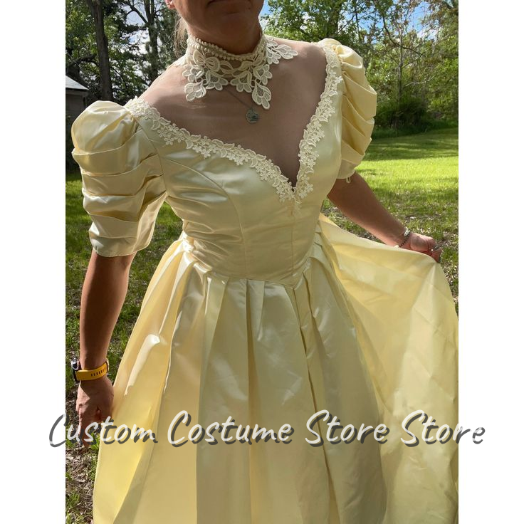 Embroidery Yellow Dress - Customized Yellow Gorgeous Victorian High Neck