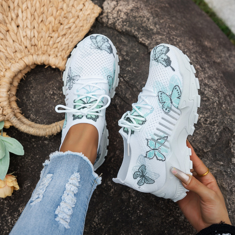 Embroidery Cotton - Women Butterfly Print Mesh Sneakers White